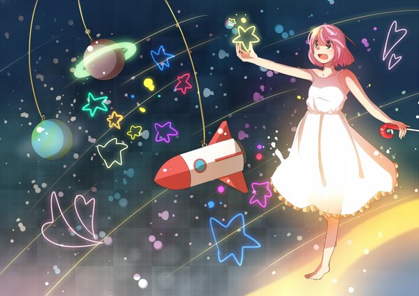 Anime picture 1753x1240 with yutakichi highres open mouth pink hair barefoot space girl dress star (symbol) planet spacecraft rocket ship