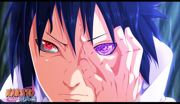 Anime picture 1728x1000 with naruto studio pierrot naruto (series) uchiha sasuke designerrenan single highres short hair black hair red eyes wide image purple eyes inscription heterochromia coloring close-up face angry sharingan rinnegan