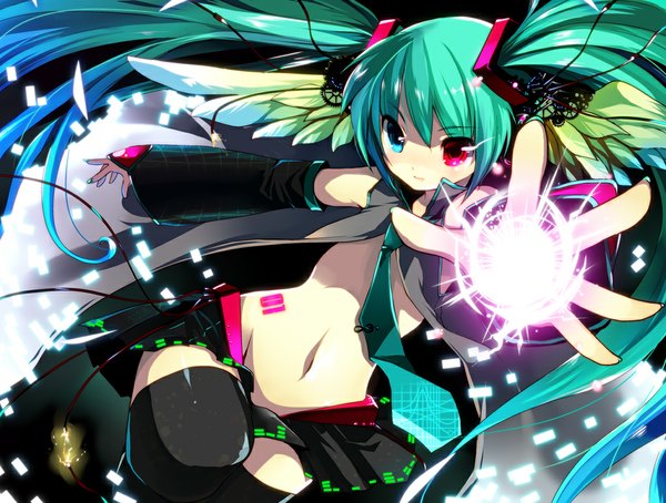 Anime picture 1024x776 with vocaloid hatsune miku kaisanbutsu long hair twintails aqua hair midriff heterochromia girl thighhighs navel black thighhighs detached sleeves miniskirt necktie wire (wires)