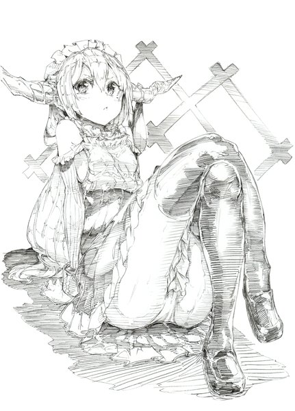 Anime picture 1564x2177 with touhou ibuki suika oshake single long hair tall image looking at viewer light erotic simple background white background sitting horn (horns) pantyshot crossed legs monochrome pantyshot sitting sketch girl dress underwear