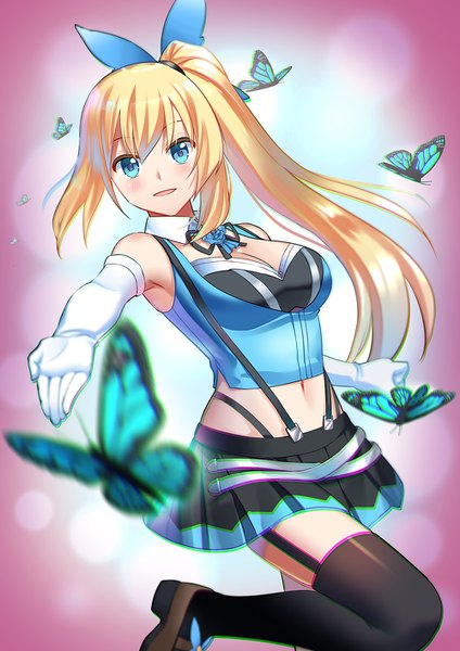 Anime picture 1000x1414 with virtual youtuber mirai akari project mirai akari tsuyohina single long hair tall image looking at viewer blush breasts open mouth blue eyes blonde hair standing bare shoulders cleavage bent knee (knees) pleated skirt blurry midriff