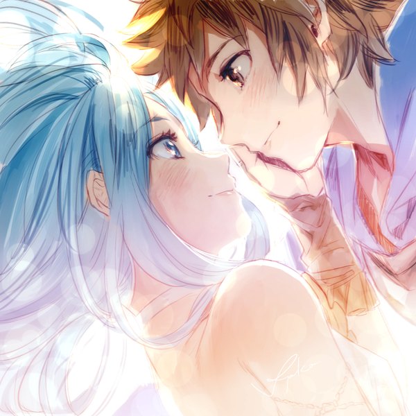 Anime picture 900x900 with granblue fantasy gran (granblue fantasy) lyria (granblue fantasy) kayako (tdxxxk) long hair blush fringe short hair breasts blue eyes smile brown hair bare shoulders brown eyes signed payot blue hair couple happy face to face