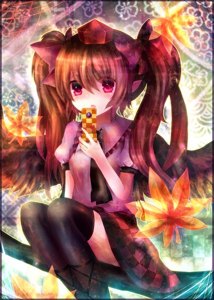 Anime picture 1110x1552 with touhou himekaidou hatate maho moco single long hair tall image red eyes brown hair twintails loli checkered skirt girl thighhighs skirt black thighhighs wings leaf (leaves) tokin hat