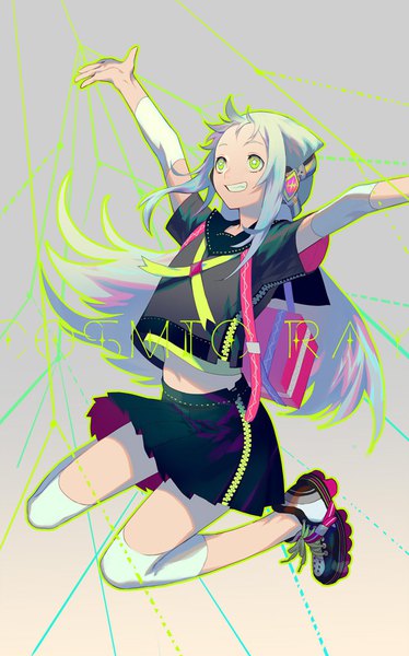 Anime picture 638x1023 with original yamakawa single long hair tall image smile green eyes looking away silver hair full body grey background grin spread arms jumping girl skirt miniskirt shoes headphones sneakers
