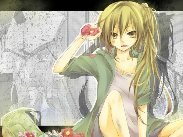 Anime picture 1024x768 with vocaloid akita neru kuroi (liar-player) single long hair blonde hair yellow eyes side ponytail girl flower (flowers) camellia (flower)
