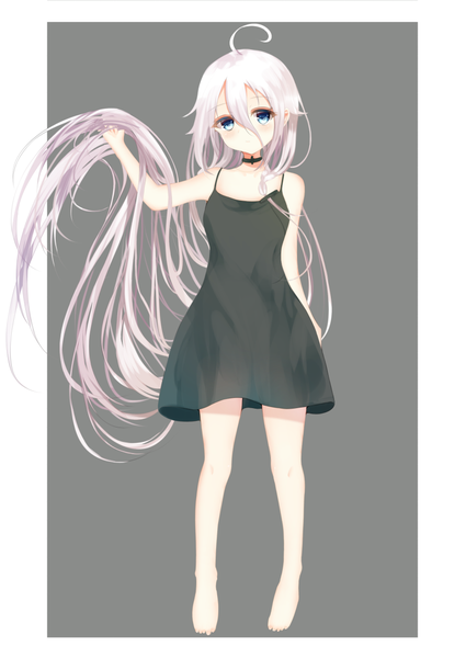 Anime picture 828x1169 with vocaloid ia (vocaloid) aties20 single long hair tall image looking at viewer blush fringe blue eyes simple background hair between eyes standing bare shoulders holding silver hair full body ahoge very long hair barefoot