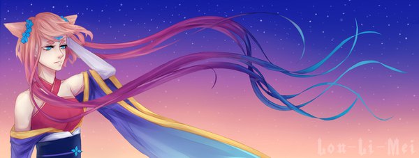 Anime picture 3000x1135 with original lon-li-mei single fringe highres blue eyes wide image bare shoulders signed animal ears blue hair looking away pink hair upper body very long hair traditional clothes parted lips japanese clothes cat ears night