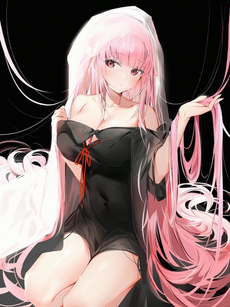 Anime picture 2400x3198 with virtual youtuber hololive hololive english mori calliope silver (chenwen) single tall image looking at viewer blush fringe highres breasts light erotic simple background large breasts sitting bare shoulders payot pink hair cleavage