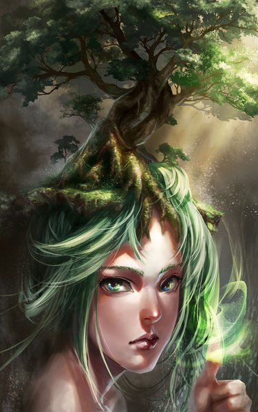 Anime picture 1200x1920 with original baraba baba single long hair tall image looking at viewer blue eyes bare shoulders green hair sunlight magic close-up alternate hairstyle sunbeam girl plant (plants) tree (trees)