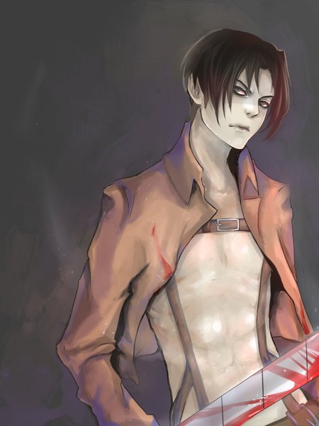 Anime picture 1500x2000 with shingeki no kyojin production i.g levi (rivaille) zapekanka single tall image short hair black hair simple background grey background open clothes open jacket grey eyes frown boy weapon sword jacket blood