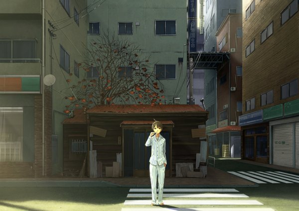 Anime picture 2000x1414 with original domo1220 single looking at viewer fringe highres short hair brown hair standing holding brown eyes ahoge barefoot shadow mouth hold city hieroglyph striped hand in pocket street