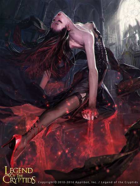 Anime picture 1350x1800 with legend of the cryptids totorrl (artist) single long hair tall image breasts light erotic bare shoulders bent knee (knees) eyes closed multicolored hair lips two-tone hair high heels sleeveless bare back glow girl thighhighs dress