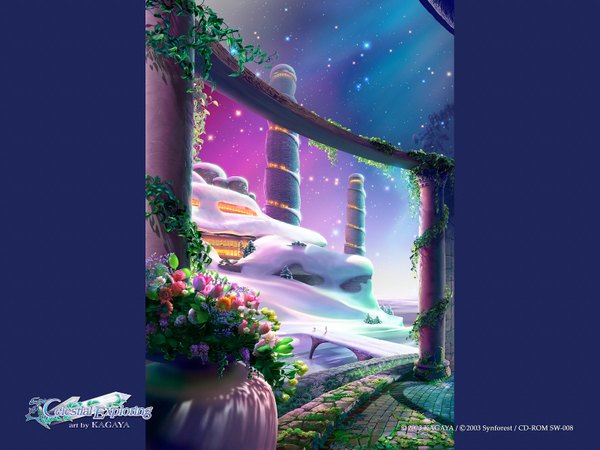 Anime picture 1600x1200 with kagaya sky copyright name snow 3d aurora borealis 2003 flower (flowers) plant (plants) building (buildings) star (stars) bouquet pillar column