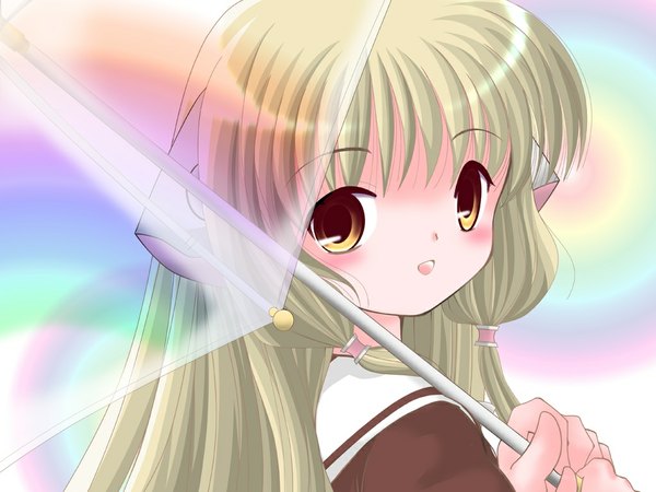 Anime picture 1024x768 with chobits chii single long hair looking at viewer blush fringe open mouth blonde hair smile brown eyes :d looking back transparent umbrella girl uniform serafuku umbrella