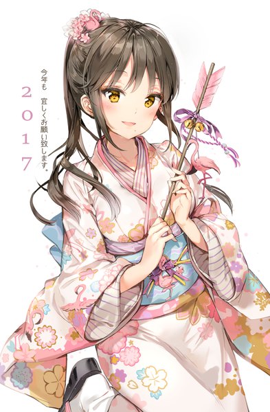 Anime picture 1276x1944 with original anmi single long hair tall image looking at viewer blush fringe open mouth black hair simple background smile white background holding yellow eyes ponytail traditional clothes japanese clothes wide sleeves floral print