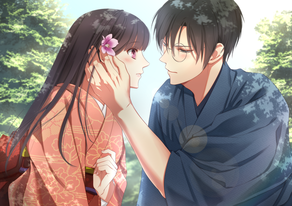 Anime picture 1447x1020 with original izumi (stardustalone) long hair blush fringe short hair black hair hair between eyes purple eyes sky upper body outdoors blunt bangs traditional clothes parted lips japanese clothes profile arm up hair flower wide sleeves