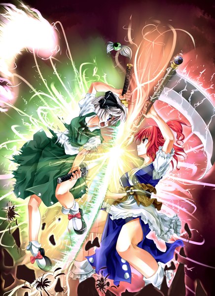 Anime picture 2550x3509 with touhou konpaku youmu onozuka komachi tall image highres blue eyes red eyes twintails red hair grey hair battle girl bow sword belt katana blood scythe