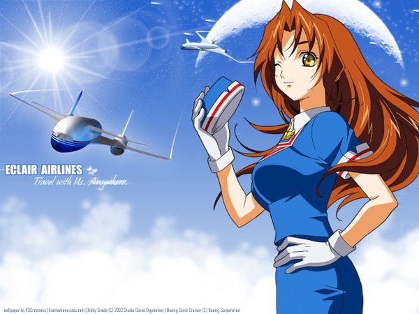 Anime picture 1280x960 with kiddy grade gonzo eclair (kiddy grade) kadonosono megumi single long hair looking at viewer breasts smile brown hair brown eyes signed sky one eye closed wink short sleeves hand on hip third-party edit hat removed headwear removed
