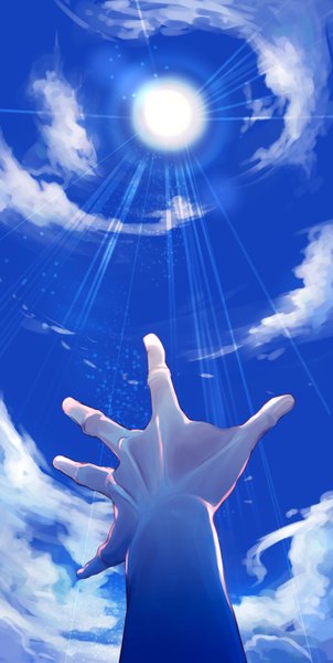 Anime picture 1536x3052 with original ayubee tall image sky cloud (clouds) outdoors sunlight outstretched arm sunbeam pov sun hand