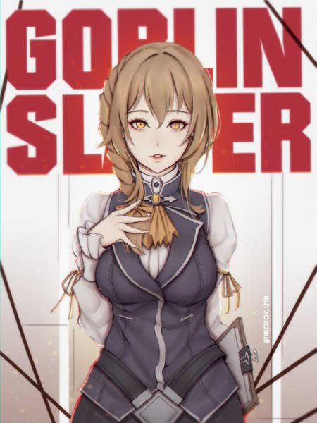 Anime picture 2473x3300 with goblin slayer! guild girl (goblin slayer!) liya nikorov single long hair tall image looking at viewer fringe highres breasts hair between eyes brown hair large breasts holding signed yellow eyes upper body braid (braids) parted lips grey background