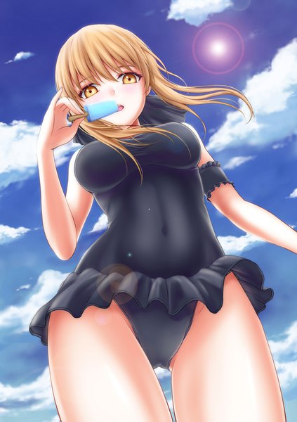 Anime picture 1200x1703 with fate (series) fate/grand order fate/stay night artoria pendragon (all) saber saber alter miuka single long hair tall image looking at viewer fringe breasts open mouth light erotic blonde hair hair between eyes yellow eyes payot sky