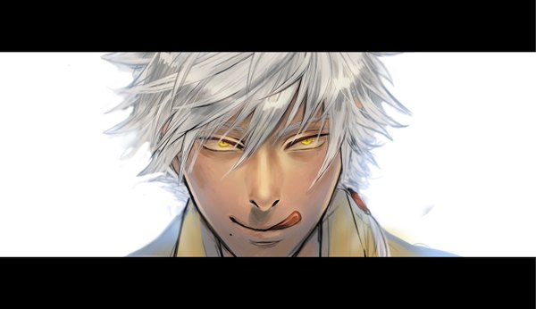 Anime picture 1359x784 with takatsuki (artist) single short hair simple background wide image white background yellow eyes white hair face licking boy tongue