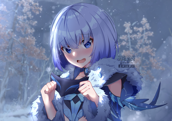 Anime picture 1191x842 with genshin impact cicin mage (genshin impact) cryo cicin mage (genshin impact) ardenlolo single looking at viewer blush fringe short hair open mouth blue eyes hair between eyes holding signed blue hair upper body :d embarrassed fur trim girl