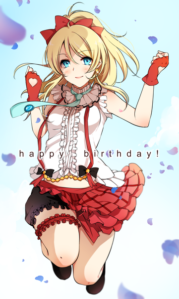 Anime picture 1500x2488 with love live! school idol project sunrise (studio) love live! ayase eli akit (15jamjam) single long hair tall image looking at viewer blush blue eyes blonde hair ponytail happy birthday girl dress gloves necktie frills fingerless gloves