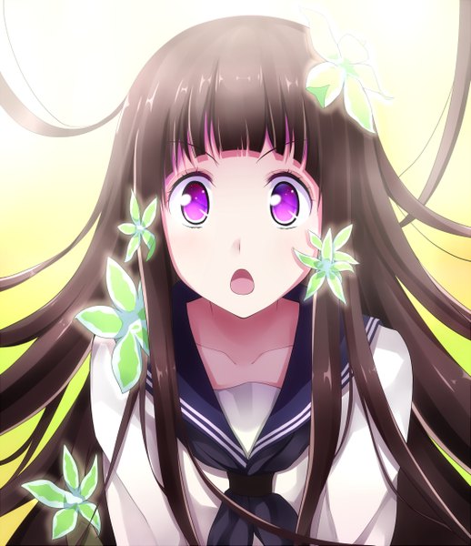 Anime picture 2227x2578 with hyouka kyoto animation chitanda eru single long hair tall image highres open mouth black hair simple background purple eyes girl flower (flowers) shirt serafuku sailor suit