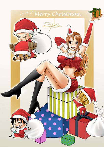 Anime picture 1400x1980 with one piece toei animation nami (one piece) monkey d. luffy roronoa zoro sanji tony tony chopper one syuka long hair tall image looking at viewer blush fringe short hair breasts open mouth light erotic black hair simple background blonde hair
