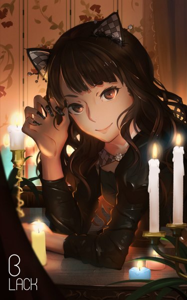 Anime picture 2000x3200 with lu'' single long hair tall image looking at viewer highres brown hair brown eyes animal ears fingernails cat ears cat girl long fingernails girl blouse candle (candles)