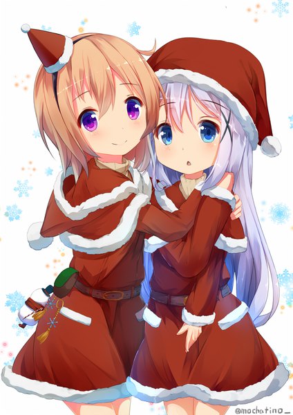 Anime picture 1414x2000 with gochuumon wa usagi desu ka? white fox kafuu chino hoto cocoa chinomaron long hair tall image looking at viewer blush fringe short hair blue eyes simple background smile hair between eyes brown hair white background purple eyes multiple girls signed