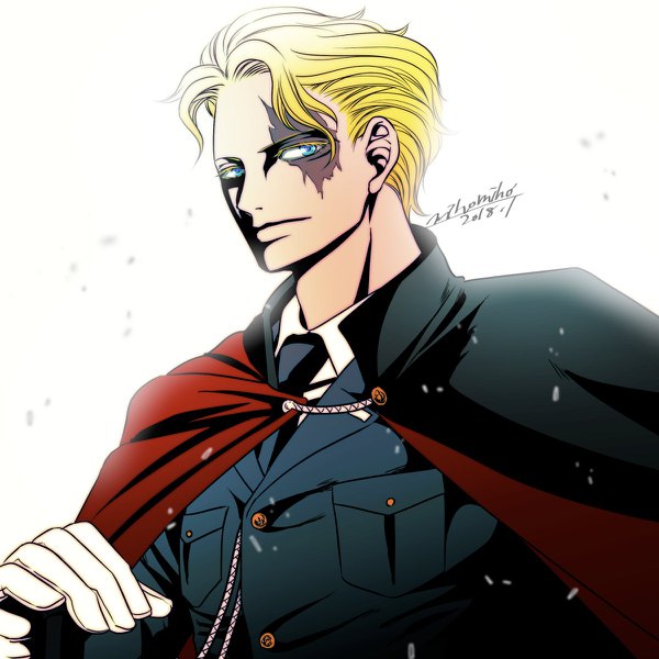 Anime picture 1200x1200 with one piece toei animation sabo (one piece) danbat miho single looking at viewer short hair blue eyes simple background blonde hair white background signed upper body alternate costume dated scar 2018 boy gloves uniform
