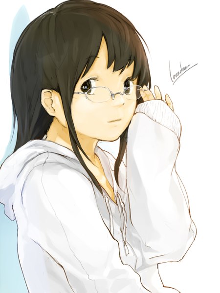 Anime picture 1200x1600 with original loundraw single long hair tall image looking at viewer fringe brown hair brown eyes signed girl glasses hood