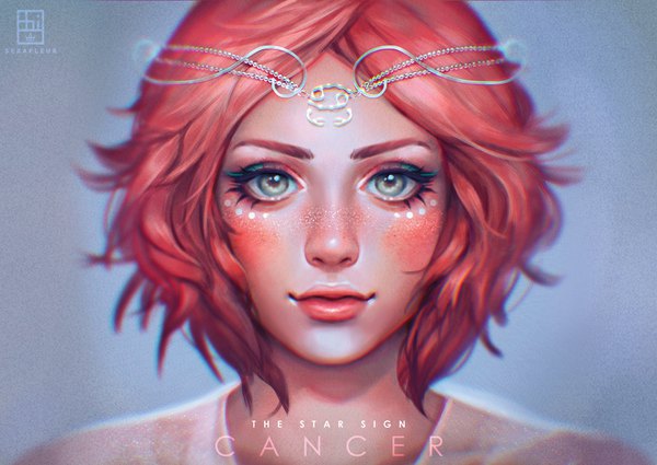 Anime picture 1000x709 with original abigail diaz single looking at viewer short hair signed pink hair light smile lips blurry realistic grey eyes lipstick shiny skin watermark portrait close-up eyeshadow pink lipstick makeup