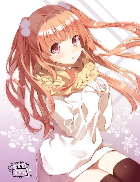 Anime picture 1200x1560 with original yuuki kira single long hair tall image looking at viewer blush fringe open mouth sitting signed parted lips pink eyes orange hair :o two side up zettai ryouiki floating hair hands clasped girl