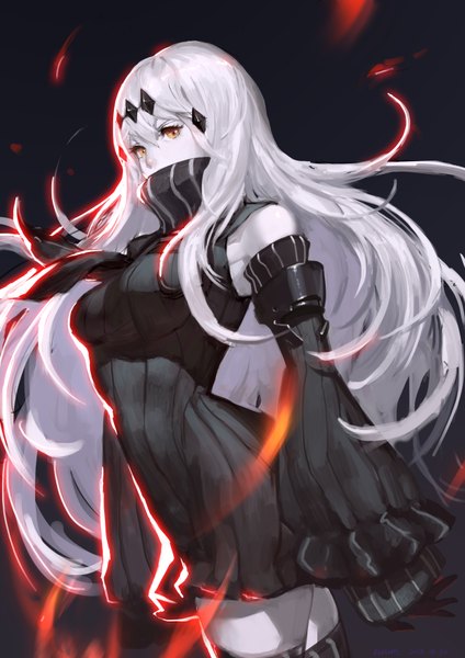 Anime picture 2480x3508 with kantai collection aircraft carrier water oni reisun001 single long hair tall image looking at viewer fringe highres breasts hair between eyes large breasts brown eyes payot silver hair wind blurry night zettai ryouiki sleeves past wrists