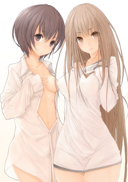 Anime picture 1000x1414 with original maru-pen long hair tall image looking at viewer fringe short hair breasts light erotic black hair simple background blonde hair smile large breasts standing white background multiple girls brown eyes open clothes open shirt