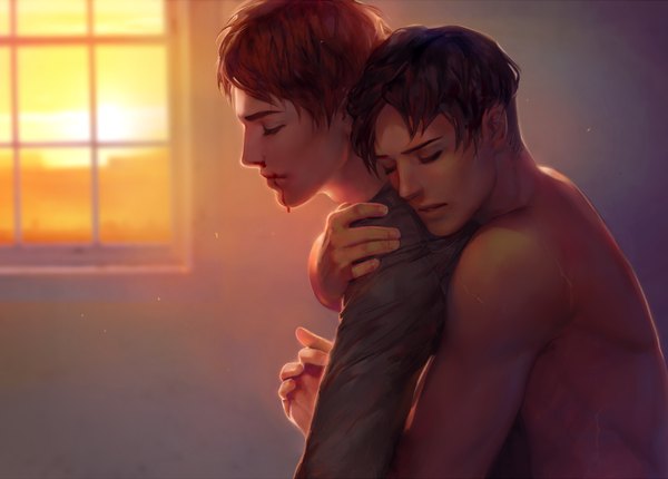 Anime picture 1210x868 with shingeki no kyojin production i.g eren yaeger levi (rivaille) j-witless short hair light erotic black hair brown hair upper body indoors eyes closed long sleeves parted lips profile blurry realistic multiple boys hug holding hands