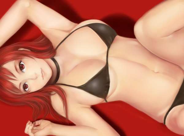 Anime picture 2511x1851 with maoyuu maou yuusha arms corporation maou (maoyuu) moekyon single long hair fringe highres breasts light erotic red eyes bare shoulders red hair lying from above realistic bare belly armpit (armpits) on back underboob