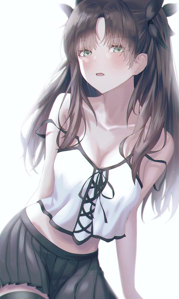 Anime picture 1024x1707 with fate (series) fate/stay night toosaka rin moda (mo da 3) single long hair tall image looking at viewer fringe breasts black hair simple background white background bare shoulders green eyes cleavage pleated skirt midriff two side up strap slip