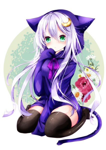 Anime picture 566x800 with kantai collection yayoi destroyer nanase nao single tall image looking at viewer blush short hair sitting green eyes animal ears silver hair purple hair tail animal tail cat tail alternate costume wariza sleeves past wrists fake animal ears