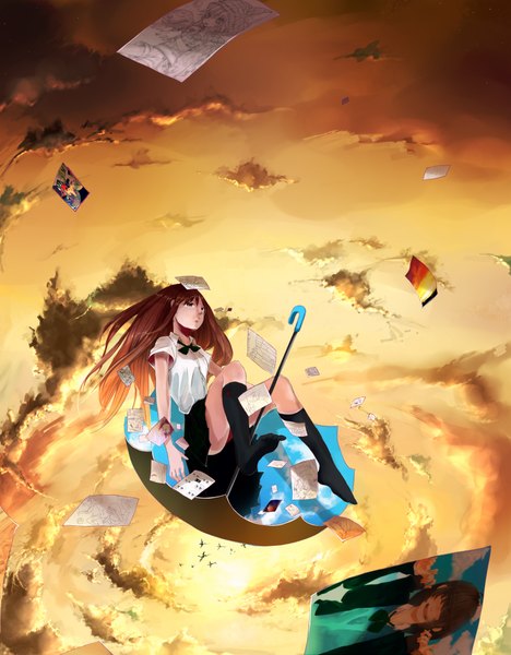 Anime picture 1600x2050 with original gotoh510 gotou (nekocat) long hair tall image blue eyes brown hair sky cloud (clouds) no shoes landscape scenic drawing sky print girl skirt animal shirt bird (birds) umbrella