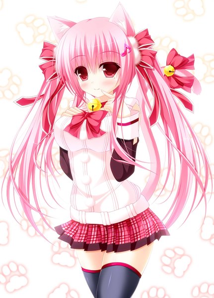 Anime picture 1150x1600 with original yunagi amane single long hair tall image blush smile twintails animal ears pink hair pink eyes cat ears finger to mouth girl thighhighs skirt hair ornament ribbon (ribbons) hair ribbon