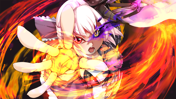 Anime picture 1280x720 with last embryo -either of brave to story- sill single long hair looking at viewer open mouth wide image game cg white hair horn (horns) heterochromia magic glowing glowing eye (eyes) third-party edit girl bow weapon hair bow fire