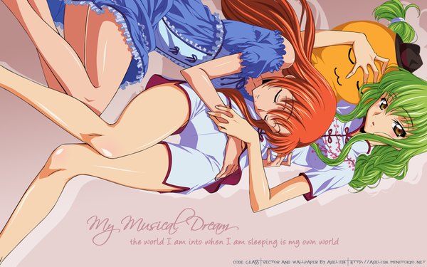 Anime picture 1920x1200 with code geass sunrise (studio) c.c. shirley fenette cheese-kun long hair looking at viewer fringe highres smile wide image multiple girls holding yellow eyes eyes closed green hair orange hair on back legs sleeping