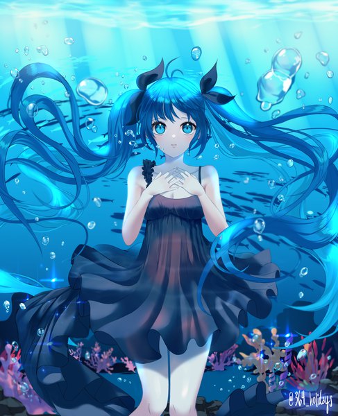 Anime picture 2300x2831 with vocaloid shinkai shoujo (vocaloid) hatsune miku 364 holidays single tall image looking at viewer blush fringe highres blue eyes twintails bare shoulders signed blue hair cleavage ahoge very long hair sunlight sleeveless