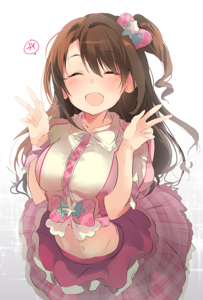 Anime picture 833x1228 with idolmaster idolmaster cinderella girls shimamura uzuki miseinen single long hair tall image blush breasts open mouth simple background smile brown hair white background eyes closed :d from above bare belly one side up victory