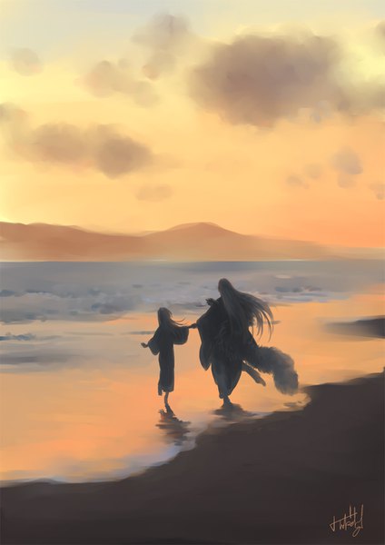 Anime picture 1000x1414 with inuyasha sesshomaru rin (inuyasha) tokiko (psychopomp) long hair tall image brown hair signed white hair from behind beach holding hands evening horizon silhouette seaside girl boy sea wave (waves)