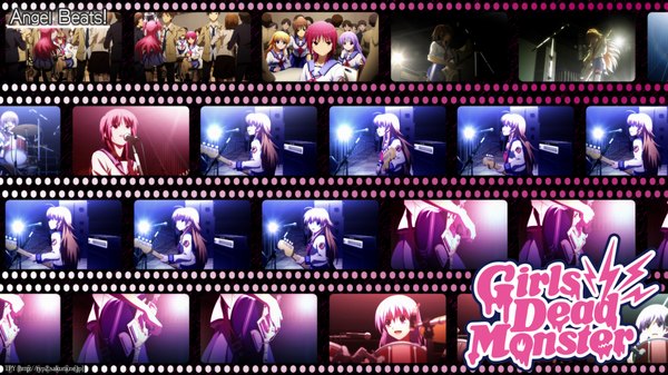 Anime picture 1920x1080 with angel beats! key (studio) iwasawa masami sekine shiori hisako (angel beats!) irie (angel beats!) highres wide image microphone guitar drum set